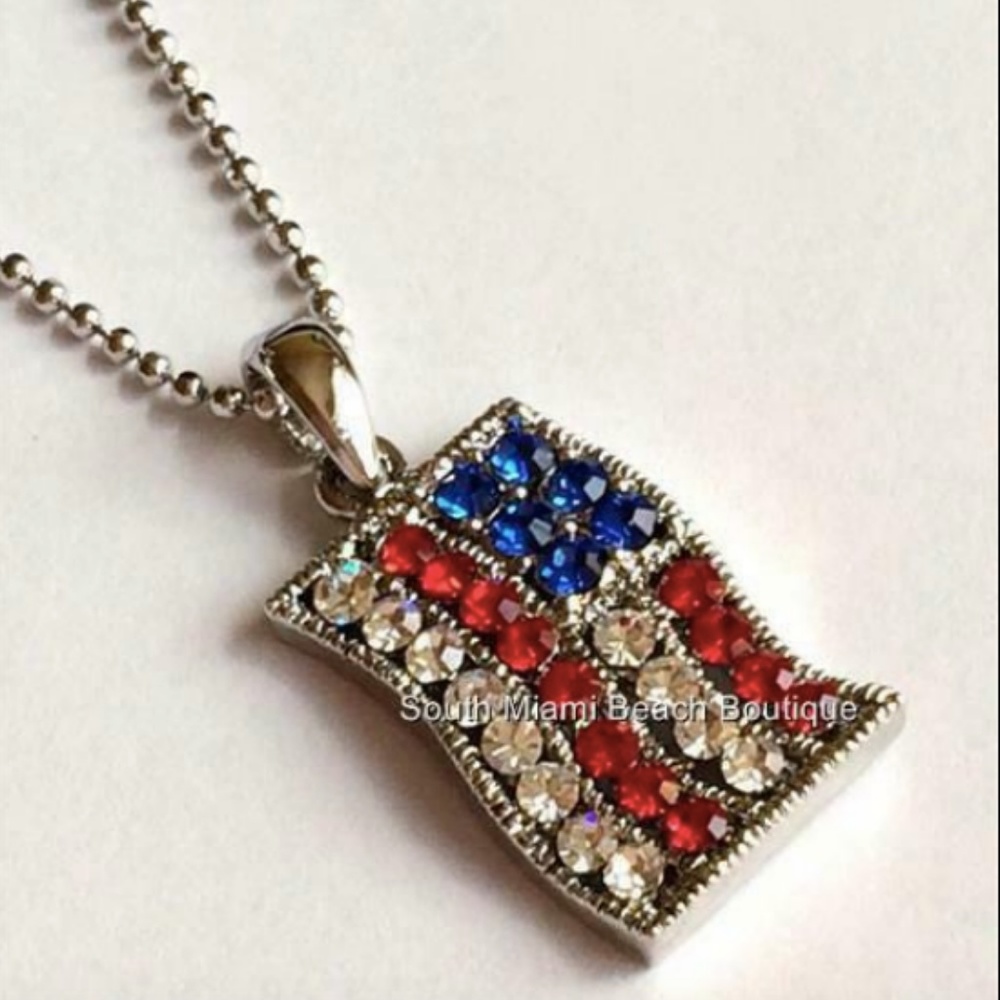 Silver American Flag Necklace Crystal Patriotic - Picture 2 of 8